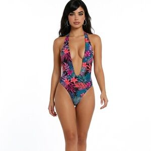 Hot Miami Style Tropical Print Halter One-Piece Swimsuit Size S Multicolor‎